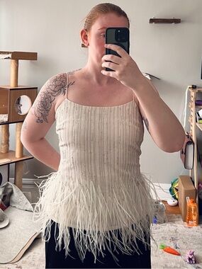 Ralph Lauren Cream Feather-Trimmed Spaghetti Strap Top